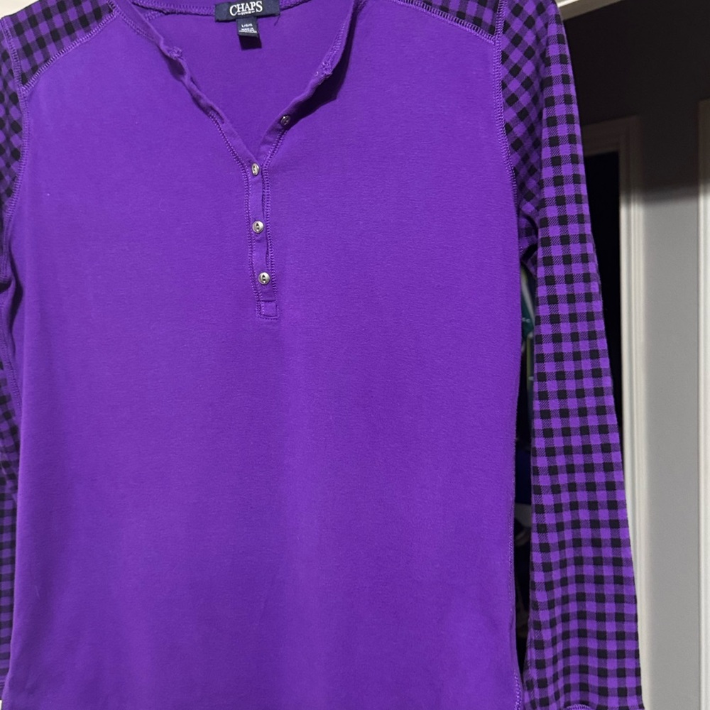 Chaps Purple Checkered Long Sleeve Top - Picture 3 of 6